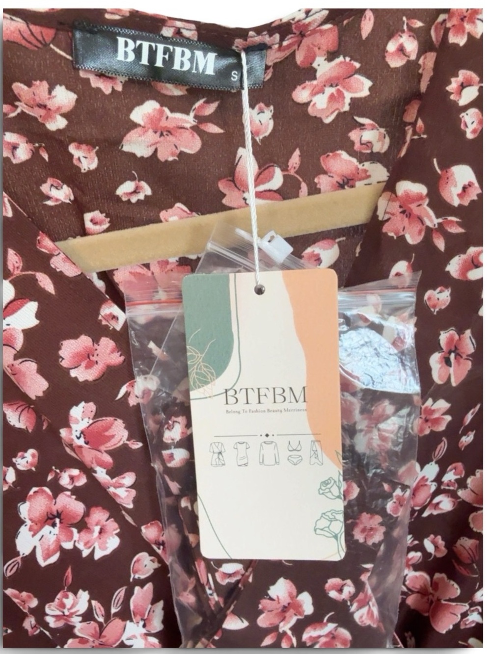 BTFBM NWT Brown Pink Floral Long Sleeve Midi Dress Size Small - Picture 4 of 5